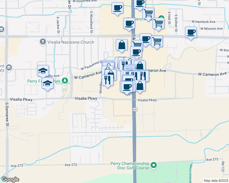 map of restaurants, bars, coffee shops, grocery stores, and more near 4247 South Mooney Boulevard in Visalia