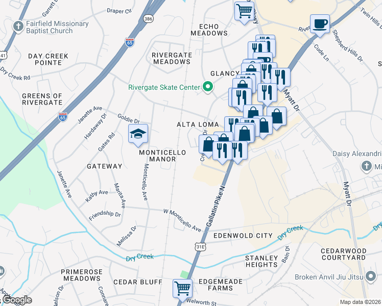 map of restaurants, bars, coffee shops, grocery stores, and more near 1562 Crestview Drive in Nashville