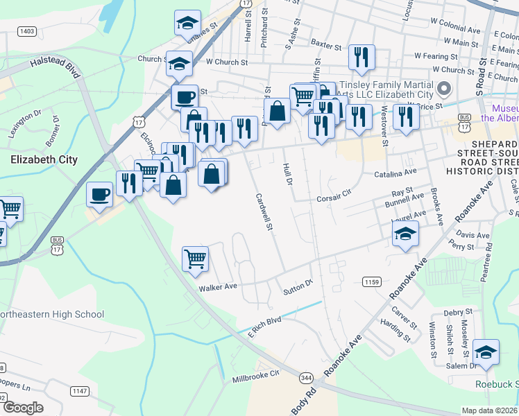 map of restaurants, bars, coffee shops, grocery stores, and more near 538 Cardwell Street in Elizabeth City