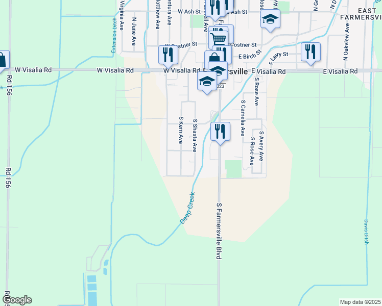 map of restaurants, bars, coffee shops, grocery stores, and more near 300-398 West Fresno Street in Farmersville
