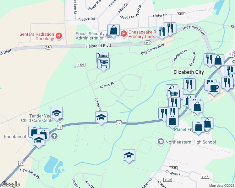 map of restaurants, bars, coffee shops, grocery stores, and more near 306 Adams Creek Road in Elizabeth City