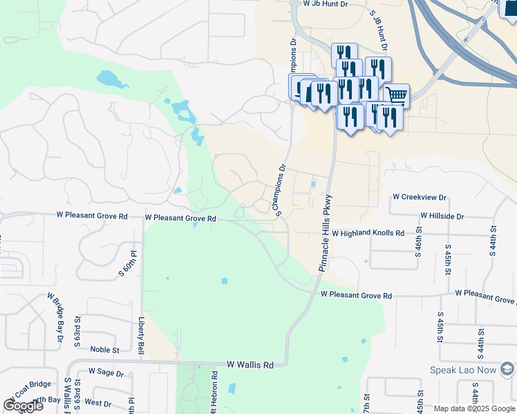 map of restaurants, bars, coffee shops, grocery stores, and more near 31 West La Quinta Court in Rogers