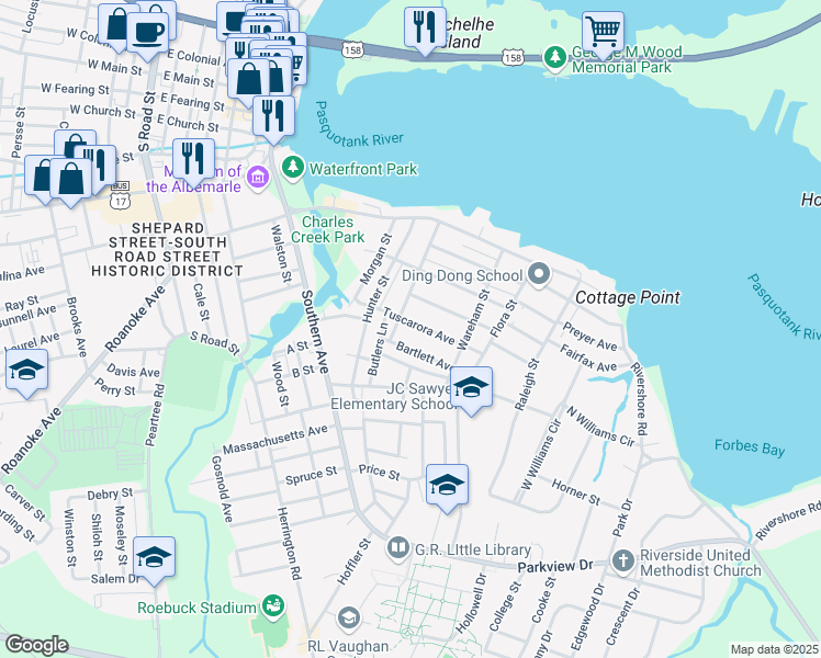 map of restaurants, bars, coffee shops, grocery stores, and more near 905 Tuscarora Avenue in Elizabeth City
