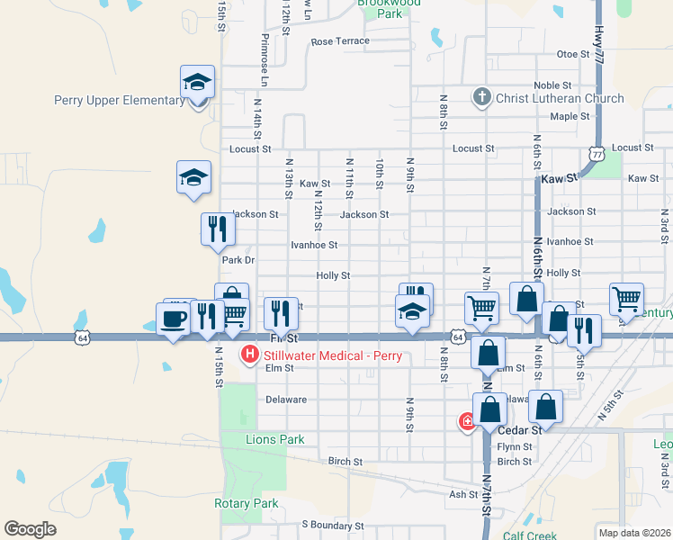 map of restaurants, bars, coffee shops, grocery stores, and more near 806 North 12th Street in Perry