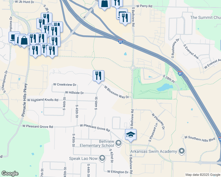 map of restaurants, bars, coffee shops, grocery stores, and more near 4303 West Blossom Way Drive in Rogers