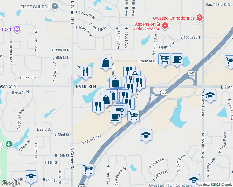 map of restaurants, bars, coffee shops, grocery stores, and more near 11922 E 96th Street North in Owasso