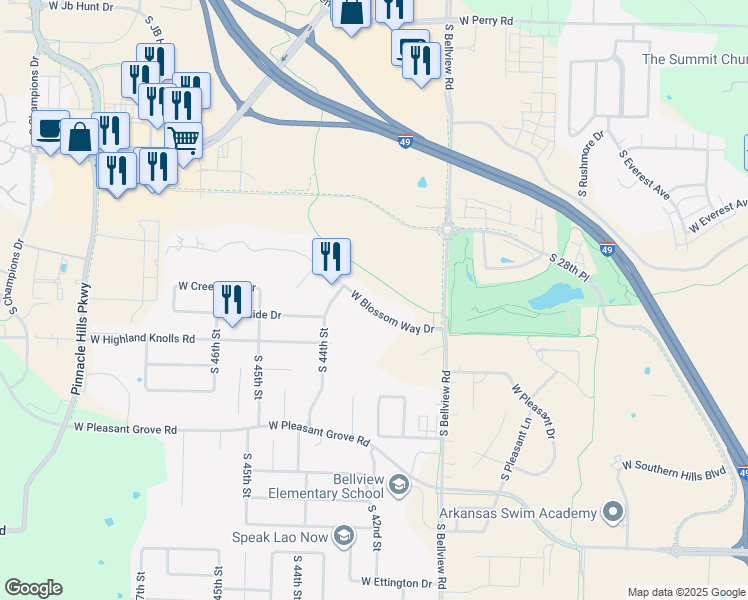 map of restaurants, bars, coffee shops, grocery stores, and more near 4303 West Blossom Way Drive in Rogers