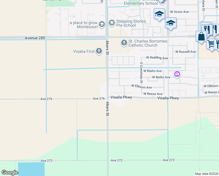 map of restaurants, bars, coffee shops, grocery stores, and more near 5239 West Elkhorn Court in Visalia