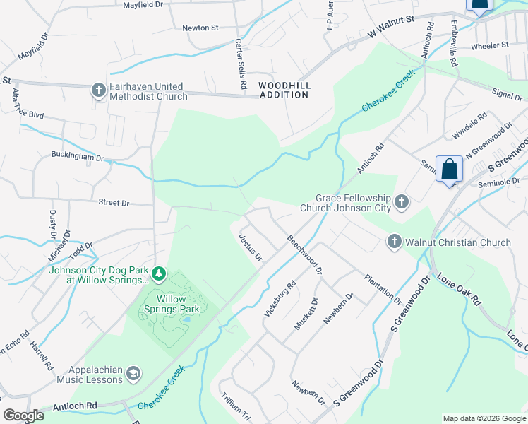 map of restaurants, bars, coffee shops, grocery stores, and more near 1000 Beechwood Drive in Johnson City