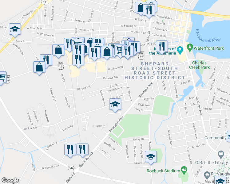 map of restaurants, bars, coffee shops, grocery stores, and more near 705 Adams Street in Elizabeth City