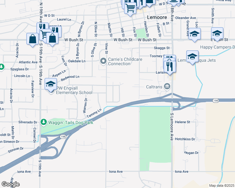 map of restaurants, bars, coffee shops, grocery stores, and more near 435 Brooks Drive in Lemoore