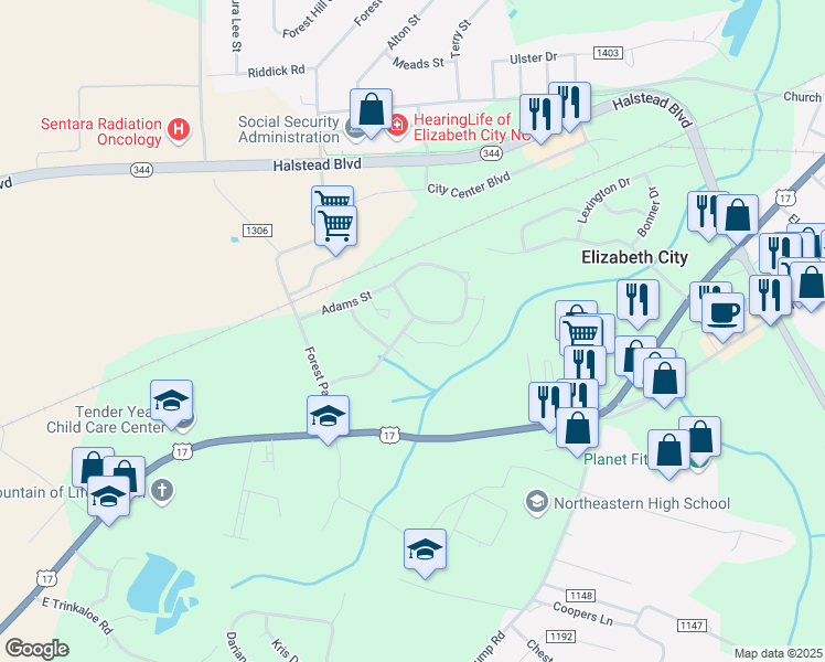 map of restaurants, bars, coffee shops, grocery stores, and more near 601 Raven Way in Elizabeth City
