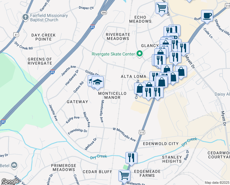 map of restaurants, bars, coffee shops, grocery stores, and more near 428 Thomas Jefferson Circle in Goodlettsville