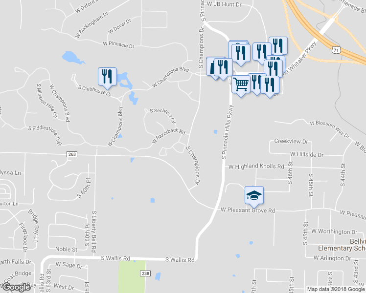 map of restaurants, bars, coffee shops, grocery stores, and more near 31 West La Quinta Court in Rogers