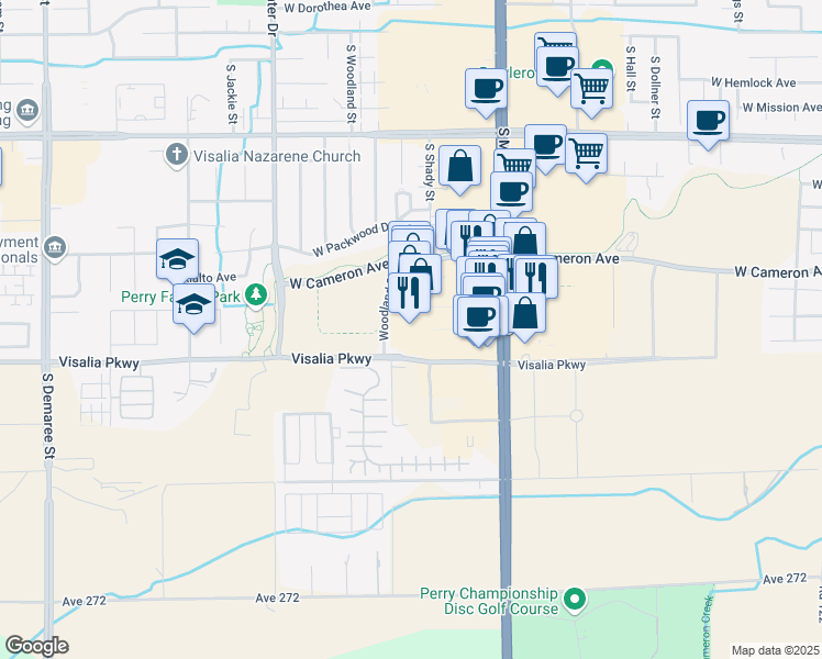 map of restaurants, bars, coffee shops, grocery stores, and more near 4247 South Mooney Boulevard in Visalia