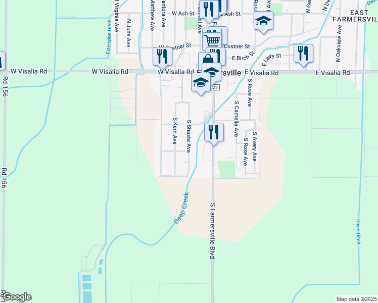 map of restaurants, bars, coffee shops, grocery stores, and more near 300 West Fresno Street in Farmersville