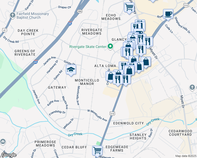 map of restaurants, bars, coffee shops, grocery stores, and more near 1562 Crestview Drive in Nashville