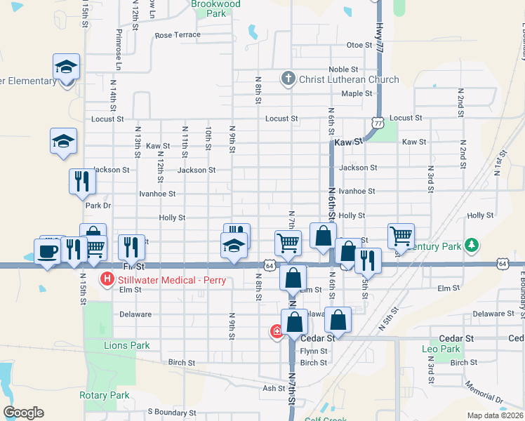 map of restaurants, bars, coffee shops, grocery stores, and more near 737 Holly Street in Perry