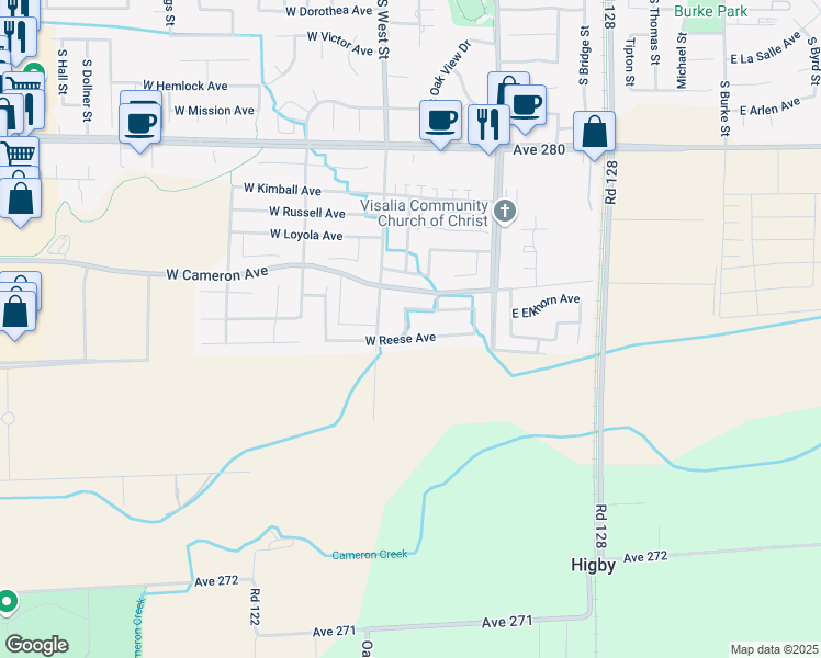 map of restaurants, bars, coffee shops, grocery stores, and more near 344 W Reese Ave in Visalia