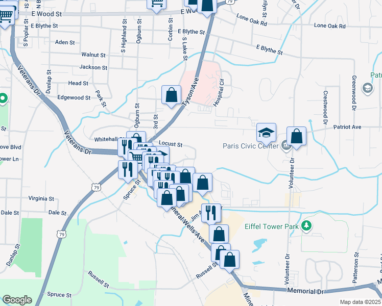 map of restaurants, bars, coffee shops, grocery stores, and more near 702 Pine Ridge Drive in Paris