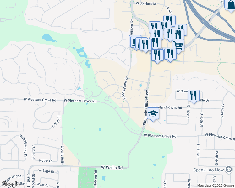 map of restaurants, bars, coffee shops, grocery stores, and more near 31 West La Quinta Court in Rogers