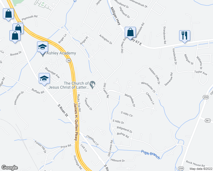 map of restaurants, bars, coffee shops, grocery stores, and more near 2305 Old Lewis Road in Johnson City