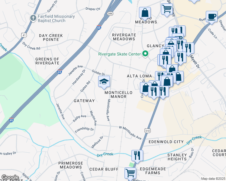 map of restaurants, bars, coffee shops, grocery stores, and more near 403 Thomas Jefferson Circle in Goodlettsville