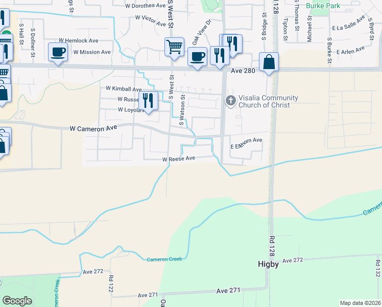 map of restaurants, bars, coffee shops, grocery stores, and more near 344 West Reese Avenue in Visalia