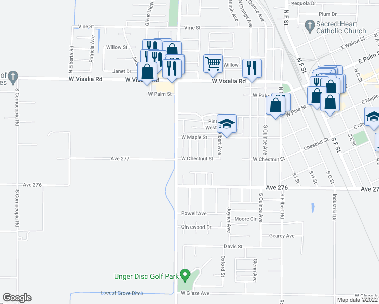 map of restaurants, bars, coffee shops, grocery stores, and more near 214 South Francis Avenue in Exeter