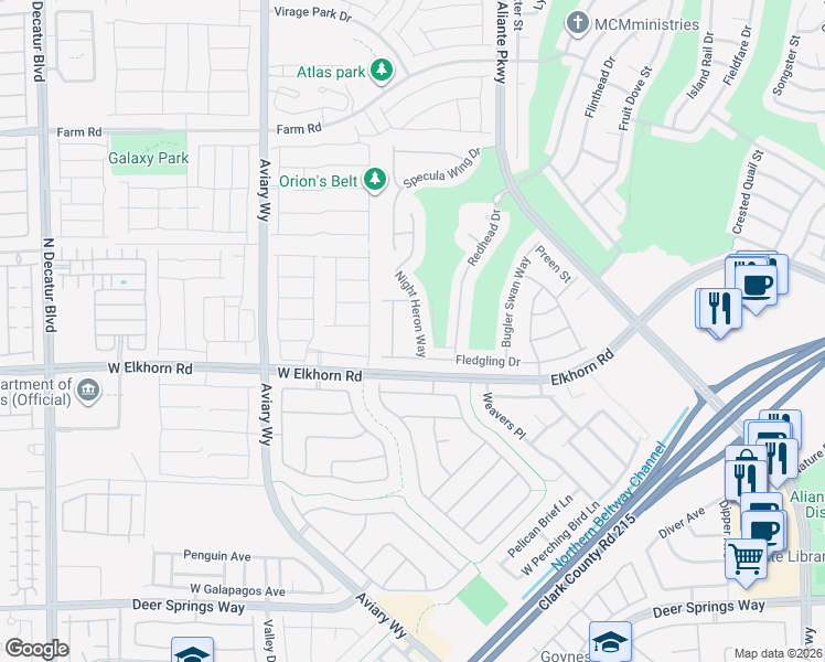 map of restaurants, bars, coffee shops, grocery stores, and more near 7213 Night Heron Way in North Las Vegas