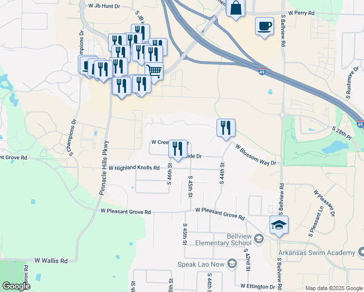 map of restaurants, bars, coffee shops, grocery stores, and more near 4504 Creekview Dr in Rogers