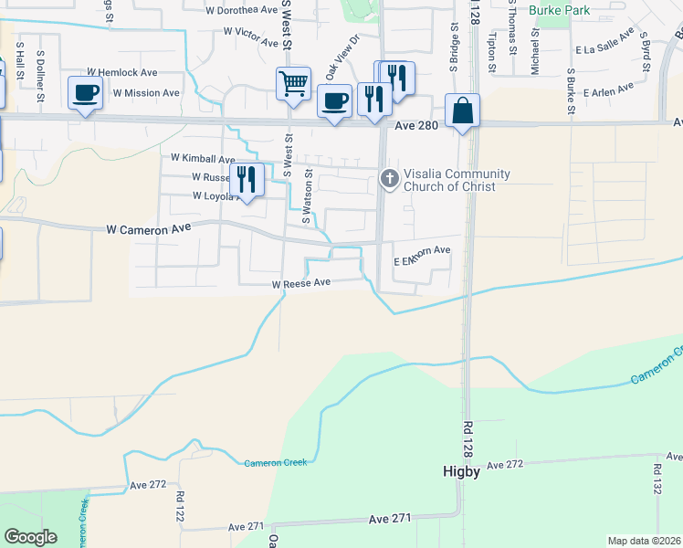 map of restaurants, bars, coffee shops, grocery stores, and more near 218 West Reese Avenue in Visalia