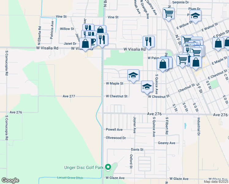 map of restaurants, bars, coffee shops, grocery stores, and more near 251 South Francis Avenue in Exeter