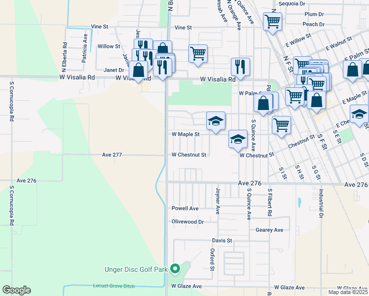 map of restaurants, bars, coffee shops, grocery stores, and more near 251 South Francis Avenue in Exeter