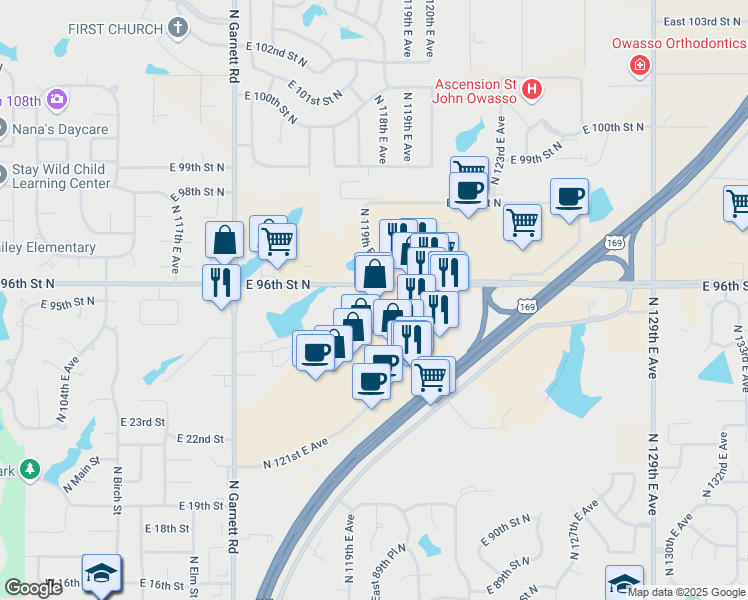 map of restaurants, bars, coffee shops, grocery stores, and more near 9056 North 121st East Avenue in Owasso