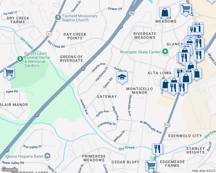 map of restaurants, bars, coffee shops, grocery stores, and more near 414 Gates Road in Goodlettsville