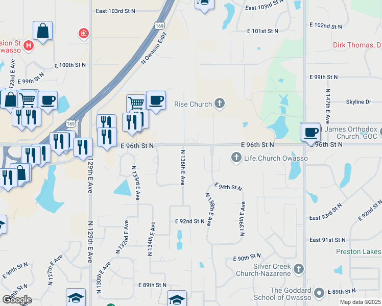 map of restaurants, bars, coffee shops, grocery stores, and more near 13616 E 96th Street North in Owasso