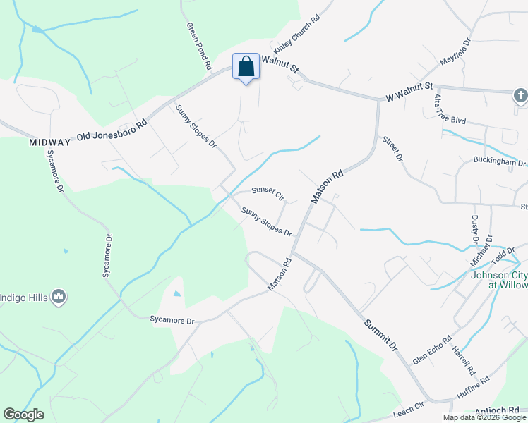 map of restaurants, bars, coffee shops, grocery stores, and more near 160 Sunset Circle in Jonesborough