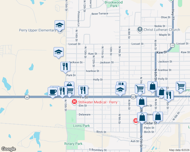 map of restaurants, bars, coffee shops, grocery stores, and more near 806 North 12th Street in Perry