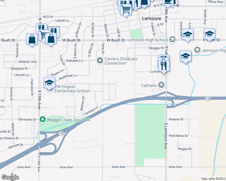 map of restaurants, bars, coffee shops, grocery stores, and more near 435 Brooks Drive in Lemoore