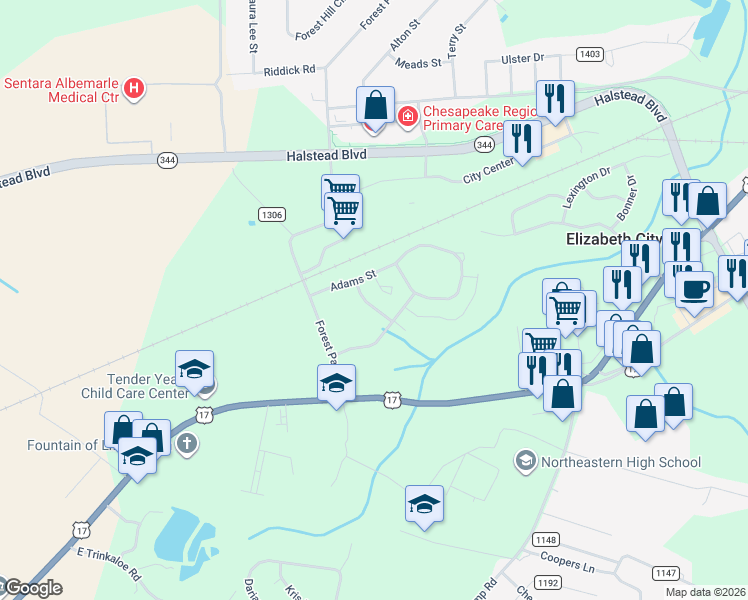 map of restaurants, bars, coffee shops, grocery stores, and more near 4106 Adams Creek Road in Elizabeth City