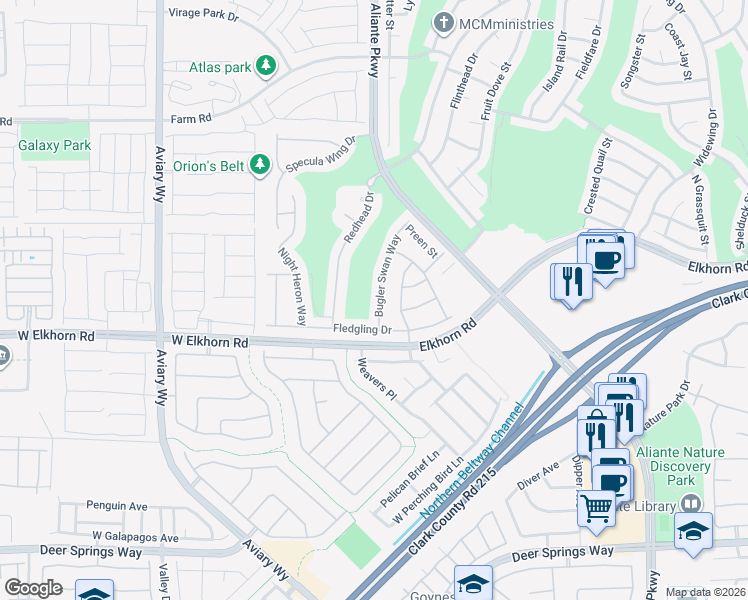 map of restaurants, bars, coffee shops, grocery stores, and more near 7267 Bugler Swan Way in North Las Vegas