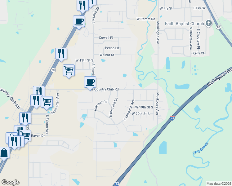 map of restaurants, bars, coffee shops, grocery stores, and more near 1703 Walnut Hill Lane in Claremore