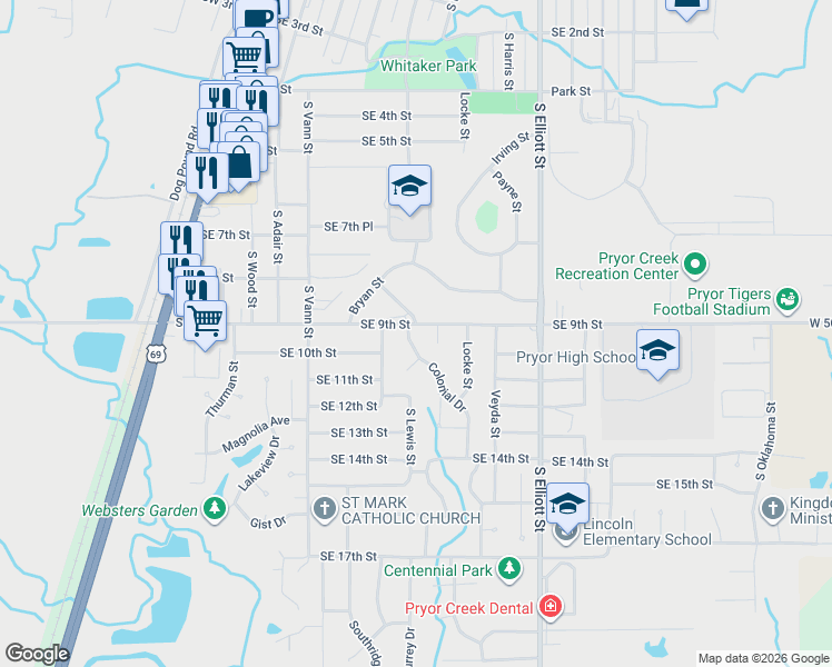 map of restaurants, bars, coffee shops, grocery stores, and more near 901 Colonial Drive in Pryor