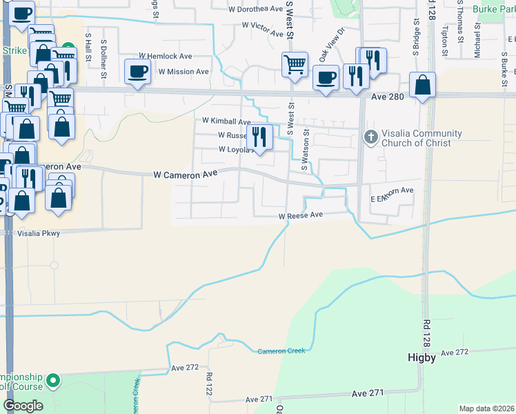map of restaurants, bars, coffee shops, grocery stores, and more near 4136 South Willis Street in Visalia