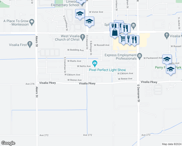 map of restaurants, bars, coffee shops, grocery stores, and more near 4441 Elkhorn Avenue in Visalia