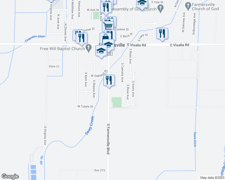 map of restaurants, bars, coffee shops, grocery stores, and more near 684 S Farmersville Blvd in Farmersville