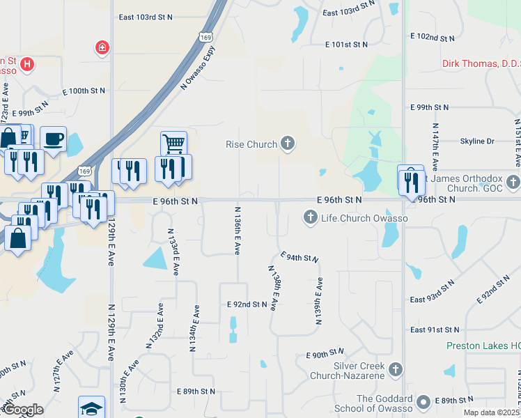 map of restaurants, bars, coffee shops, grocery stores, and more near 13616 East 96th Street North in Owasso