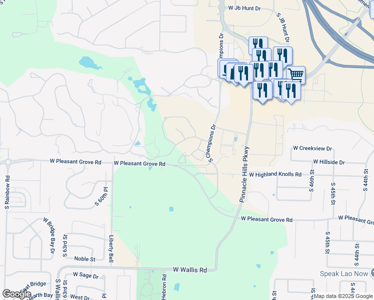 map of restaurants, bars, coffee shops, grocery stores, and more near 19 South Prairie Dunes Drive in Rogers