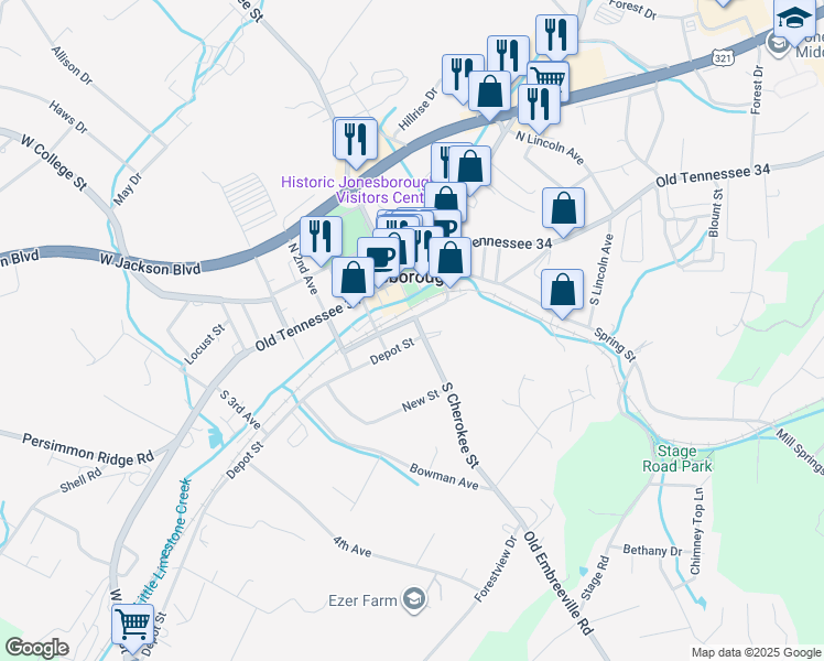 map of restaurants, bars, coffee shops, grocery stores, and more near 200 S Cherokee St in Jonesborough